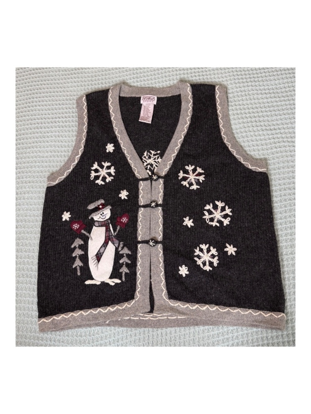 Vintage PBJ Sport Wool Blend Sweater Vest Womens XL Gray Christmas Snowman Snow